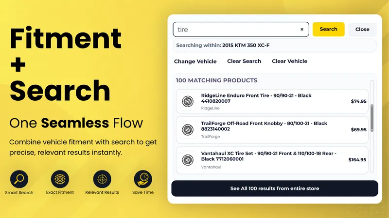 MotoFit search results for the keyword tire, searching within a 2015 KTM 350 XC-F, showing 100 matching products with a button to see all results from the entire store