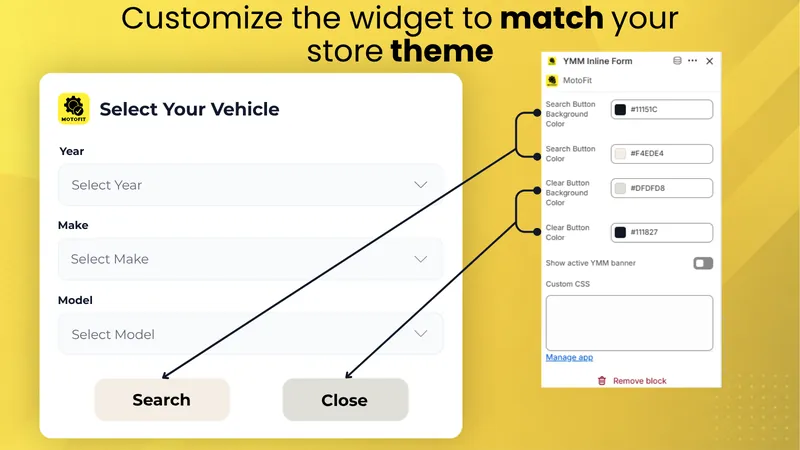 Shopify theme editor showing the MotoFit YMM Inline Form app block with color settings for the search and clear buttons, a toggle for the active YMM banner, and a custom CSS field
